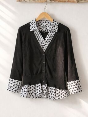 AGB Black Cardigan with White Polka Dot Shirt Detail